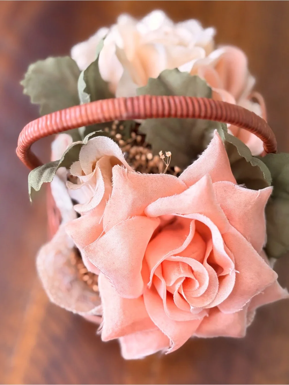 Vintage Handmade Peach Ribbon Wicker Basket with Floral Accent